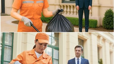 ذهبت عاملة نظافة الشوارع الجميلة لجمع القمامة أمام القصر… دون أن تتخيّل أن المليونير كان يراقبها.